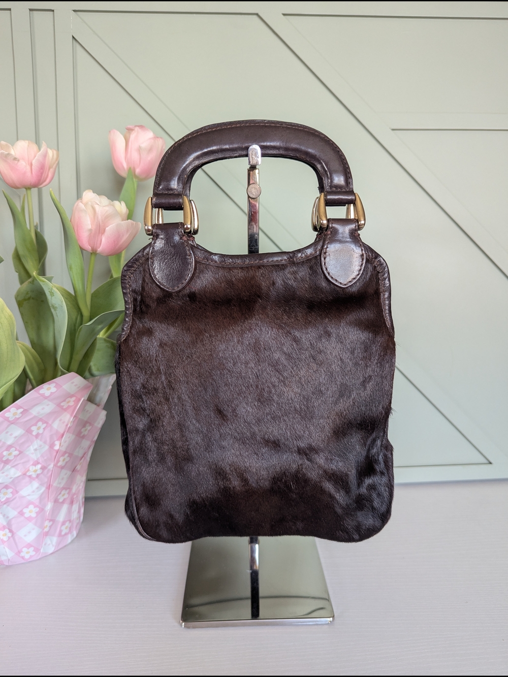 Fendi Dark Brown Mini Top-Handle Fur Bag with Gold Hardware - Picture 4 of 15